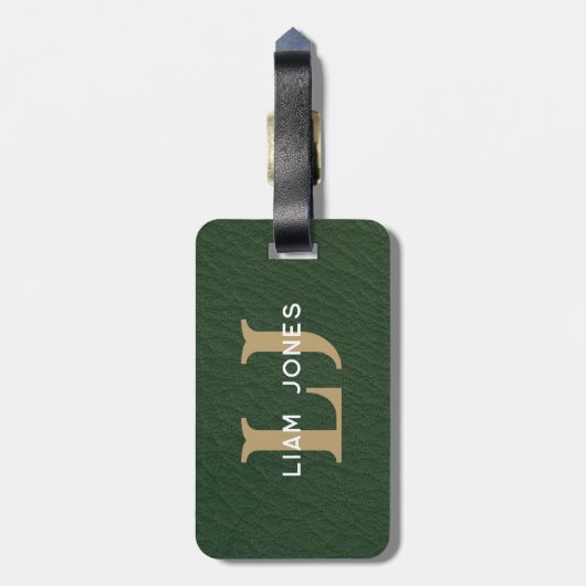 Groen Lederen Initialen Monogrammed Modern Bagagelabel (Achterkant verticaal)