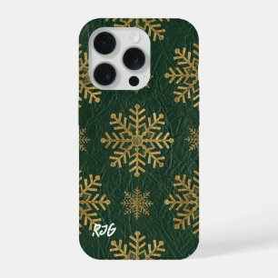 Groen leer bewerkt met gouden sneeuwvlokken initia iPhone 15 pro case