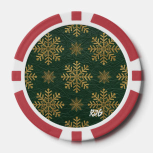 Groen leer bewerkt met gouden sneeuwvlokken initia poker chips