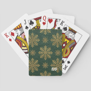 Groen leer bewerkt met gouden sneeuwvlokken initia pokerkaarten