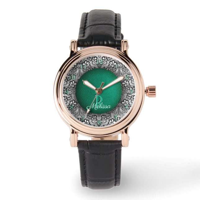 Groen leer en zwart kant chic monogram horloge (Voorkant)