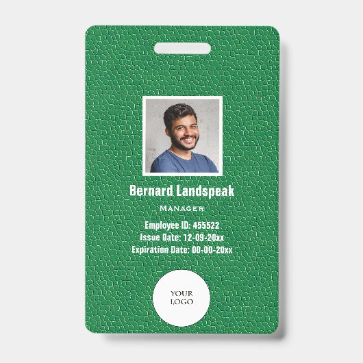 Groen leer & personeelsfoto & logo, streepjescode badge (Voorzijde)