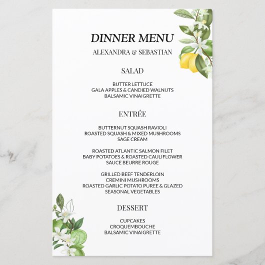 Groen Lemonie Bruiloft Diner Menu (Voorkant)