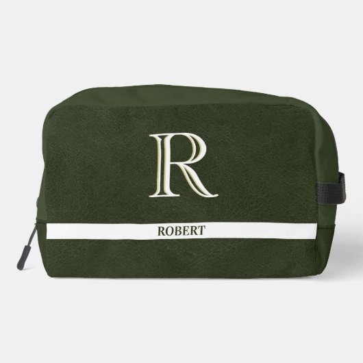 Groen Leren Textuur Trim Wit Monogram Naam Toilettasje (Achterkant)