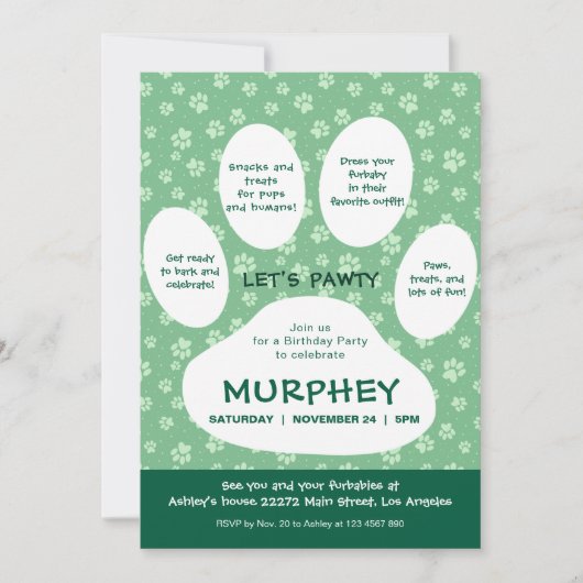 Groen Let's Pawty, Paw Print Kaart (Voorkant)