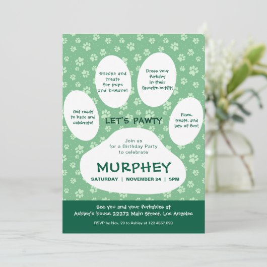 Groen Let's Pawty, Paw Print Kaart (Staand voorkant)