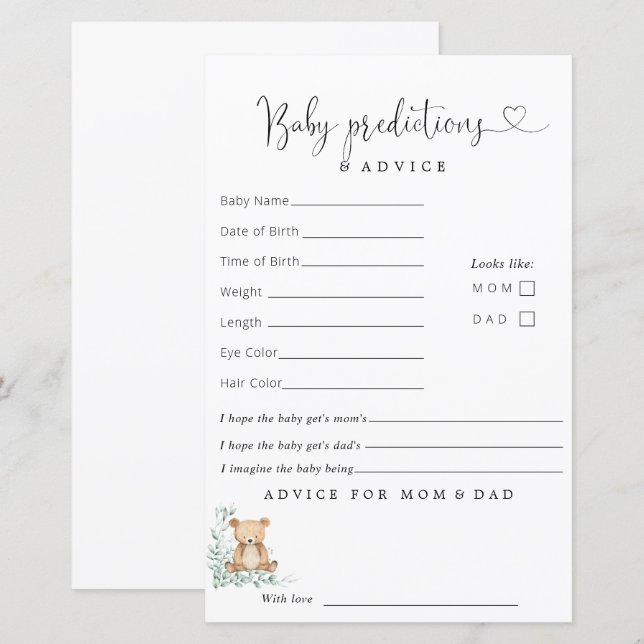 Groen Leuk Beer Baby shower Voorspellingen Advies (Voorkant / Achterkant)