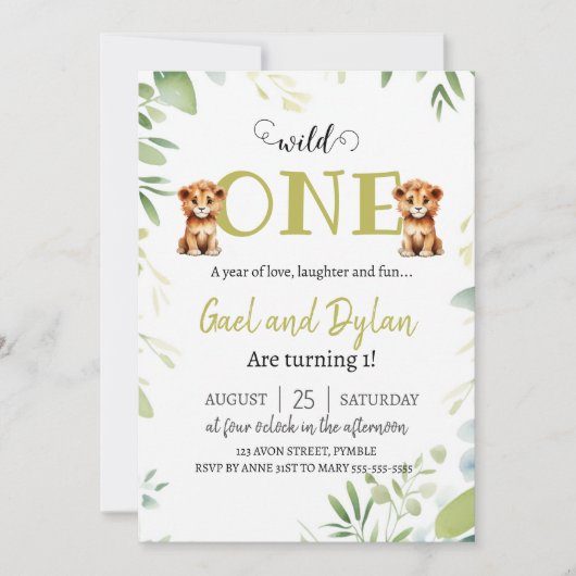 Groen Leuke Leeuw Cubs Twins Jongens 1e Verjaardag Kaart (Voorkant)