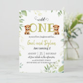 Groen Leuke Leeuw Cubs Twins Jongens 1e Verjaardag Kaart (Staand voorkant)