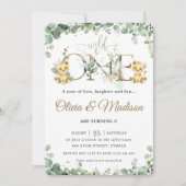 Groen Leuke Leeuw Cubs Twins Meisjes 1e Verjaardag Kaart (Voorkant)