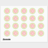 Groen & Lichtroze Grote Polka-Dots Monogrammed Ronde Sticker (Vel)
