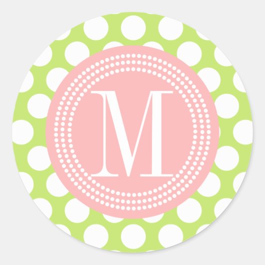 Groen & Lichtroze Grote Polka-Dots Monogrammed Ronde Sticker (Voorkant)