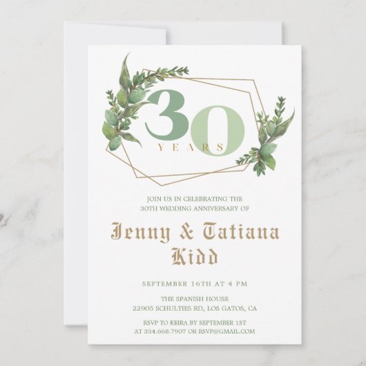 Groen Lijst 30e bruiloft Jubileum Uitnodiging (Voorkant)