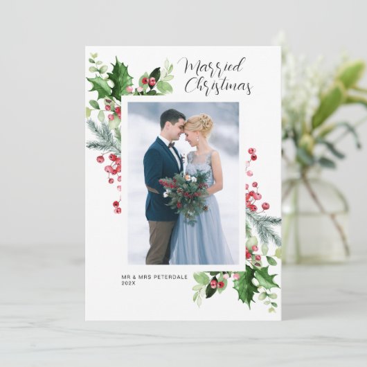 Groen lijst vakantie bruiloft aankondiging (Staand voorkant)