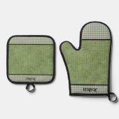 Groen linnen en Gingham Check gepersonaliseerd Ovenwant & Pannenlap Set (Voorkant)