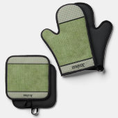 Groen linnen en Gingham Check gepersonaliseerd Ovenwant & Pannenlap Set (Voorkant / Achterkant)