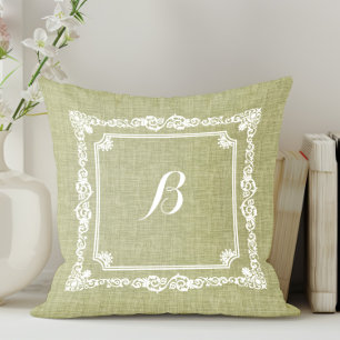 Groen Linnen Witte Frame Monogram Kussen