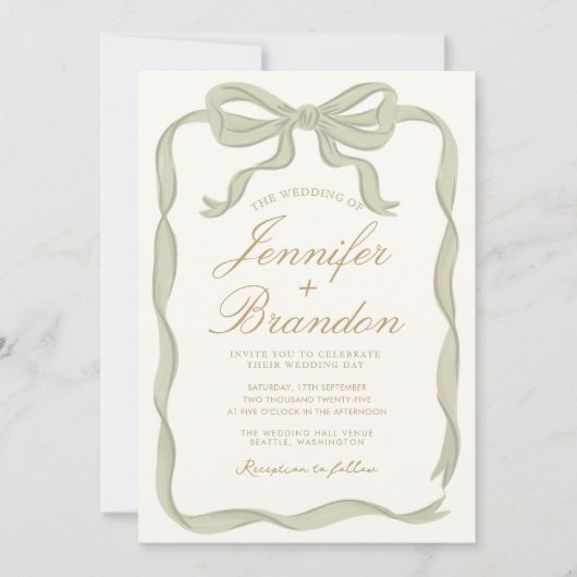 Groen lint Elegant Handgetekende Bruiloft Kaart (Voorkant)