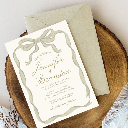 Groen lint Elegant Handgetekende Bruiloft Kaart