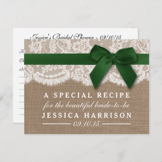 Groen lint op Burlap & Lace Vrijgezellenfeest Rece Uitnodiging Briefkaart (Voorkant / Achterkant)