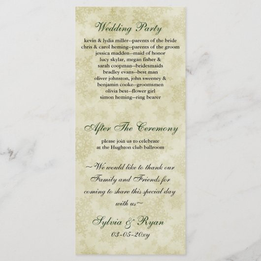 Groen lint, roestvast sneeuwvlok programmakaart (Achterkant)