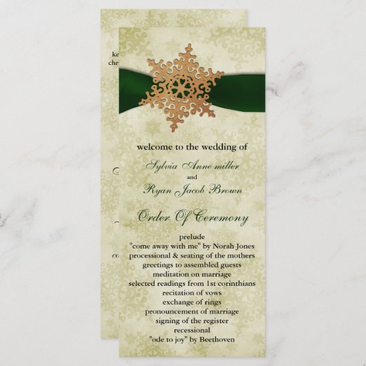 Groen lint, roestvast sneeuwvlok programmakaart (Voorkant / Achterkant)