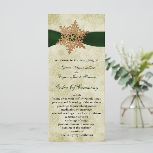 Groen lint, roestvast sneeuwvlok programmakaart (Staand voorkant)