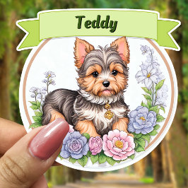 Groen lint, Yorkshire & kleurrijke bloemen op maat Sticker