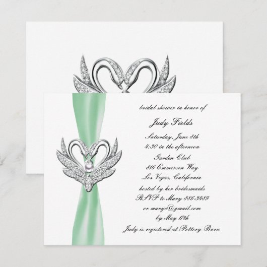 Groen Lint Zilveren Zwanen Bruids Douche Uitnodigi Kaart (Voorkant / Achterkant)