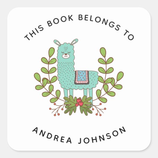 Groen Llama Cute Funny Animal Kind Bookplaat Vierkante Sticker (Voorkant)