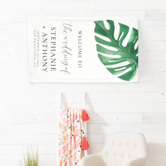 Groen Loof Tropisch Monstera Bladeren Zomer Bruilo Spandoek (Insitu)