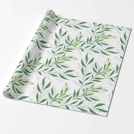 Groen Loofpatroon Elegant Groen en Wit Cadeaupapier (Uitgerold)