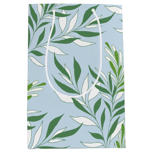 Groen Loofpatroon Elegant Groen Lichtblauw Medium Cadeauzakje (Voorkant)