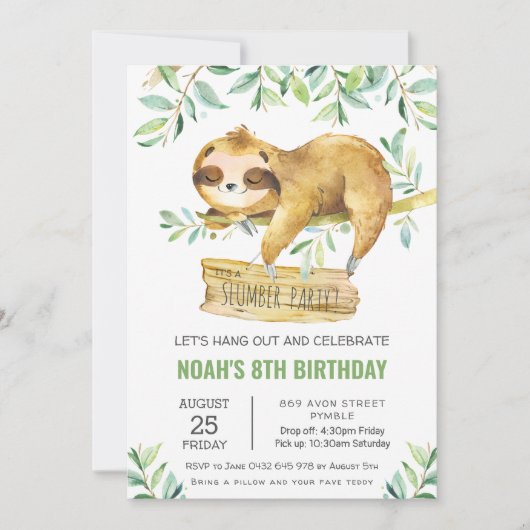 Groen Luiaard Slumber Sleepover Pyjama Verjaardag Kaart (Voorkant)