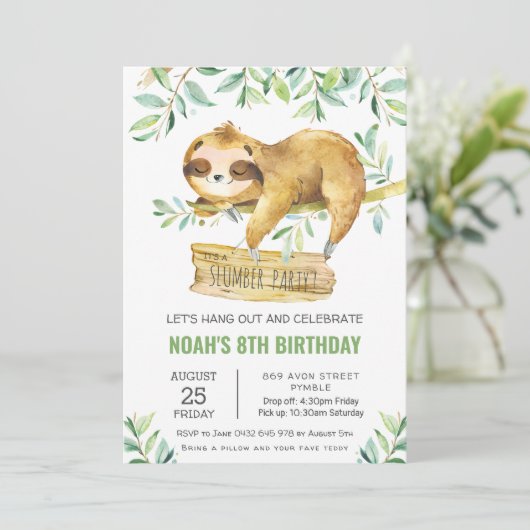 Groen Luiaard Slumber Sleepover Pyjama Verjaardag Kaart (Staand voorkant)