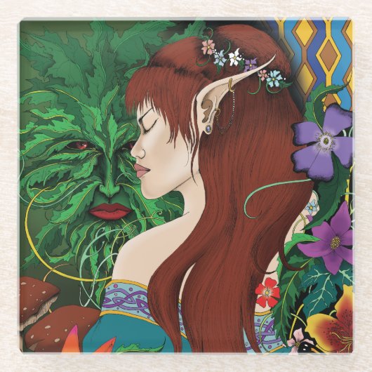 Groen Man Elf Fantasy Floral Glazen Onderzetter (Voorkant)