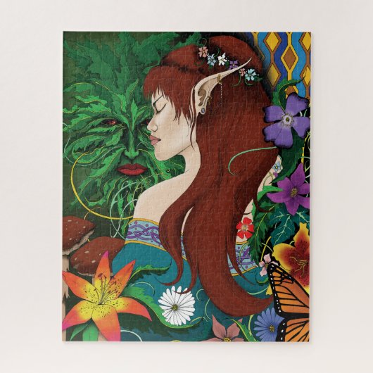 Groen Man Elf Fantasy Floral Legpuzzel (Verticaal)