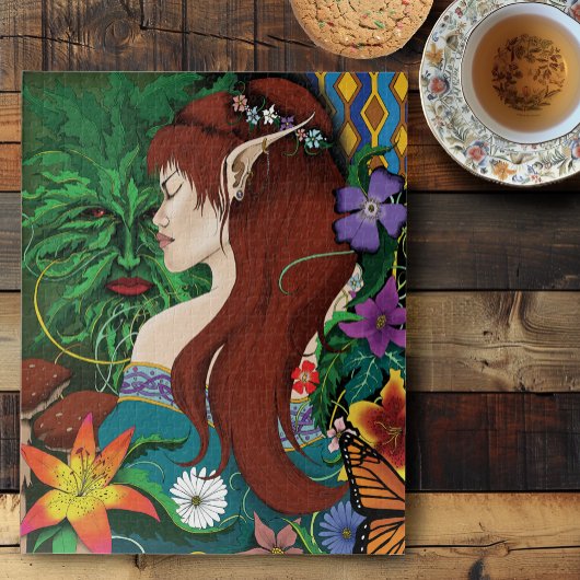 Groen Man Elf Fantasy Floral Legpuzzel