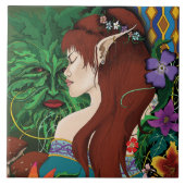 Groen Man Elf Fantasy Floral Tegeltje (Voorkant)