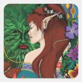 Groen Man Elf Fantasy Floral Vierkante Sticker (Voorkant)