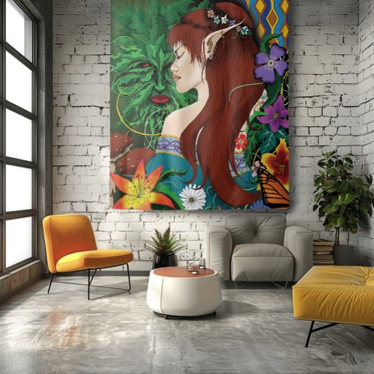Groen Man Elf Fantasy Floral Wandkleed