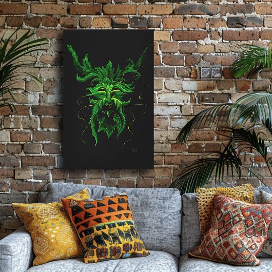 Groen Man Fae Leaves Zwart Canvas Afdruk