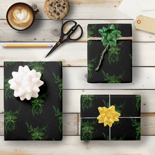 Groen Man Fae Leaves Zwart Inpakpapier Vel