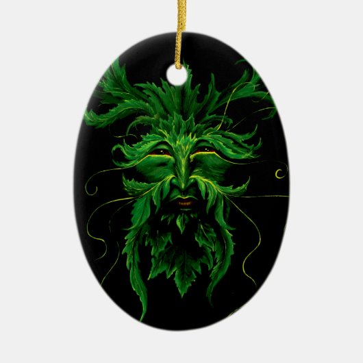 Groen Man Fae Leaves Zwart Keramisch Ornament (Voorkant)