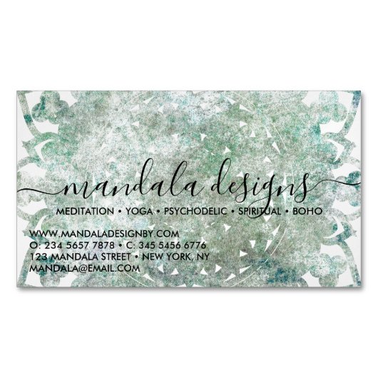 Groen Mandala Floral script Magnetisch Visitekaartje (Voorkant)