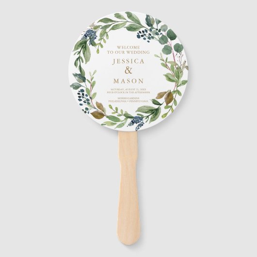 Groen Marine Goud Ronde Huwelijksprogramma Fan Handwaaier (Voorkant)