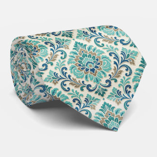 Groen marineblauw damast botanisch bloemmotief stropdas