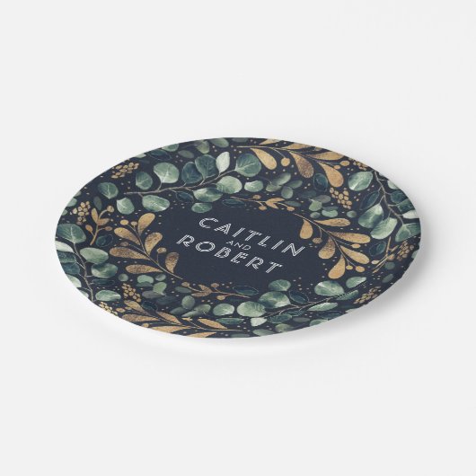 Groen, marineblauw en goud | Groen Bruiloft Papieren Bordje (Gekanteld)