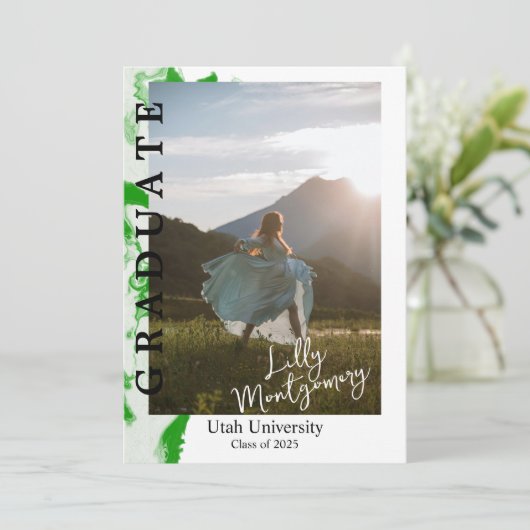 Groen Marmer Foto Afstuderen Aankondiging (Staand voorkant)