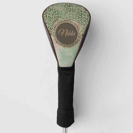 Groen Marmer Glitterij Leopard gepersonaliseerd Golfheadcover (Voorkant)